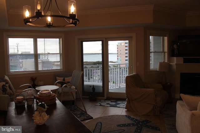 tiled living room featuring crown molding