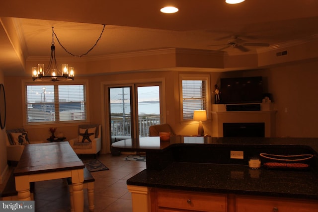 18 41st St Unit 304, Ocean City, MD 21842 - kitchen featuring tile patterned floors, a chandelier, crown molding, ceiling fan, and recessed lighting