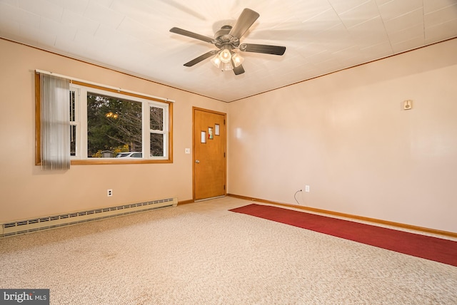 unfurnished room featuring ceiling fan, carpet floors, and a baseboard heating unit