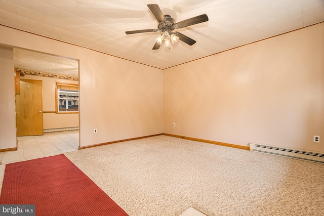 unfurnished room featuring a baseboard radiator, ceiling fan, and light colored carpet