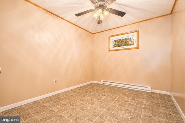 unfurnished room featuring a baseboard radiator, ceiling fan, and crown molding