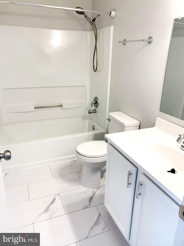 full bathroom with shower / tub combination, vanity, and toilet