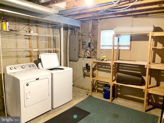 basement featuring washer and clothes dryer and electric panel