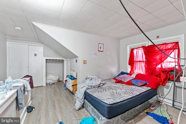 bedroom featuring vaulted ceiling, a baseboard radiator, and light wood-type flooring