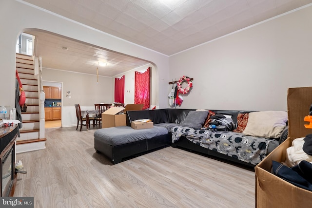 living room featuring ornamental molding and light hardwood / wood-style floors