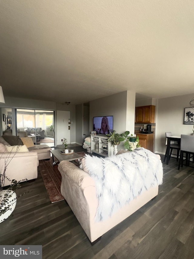 living room featuring a textured ceiling and dark wood-type flooring