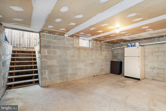 basement with white refrigerator