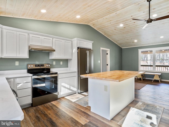 kitchen featuring wood counters, exhaust hood, appliances with stainless steel finishes, white cabinetry, and wood ceiling