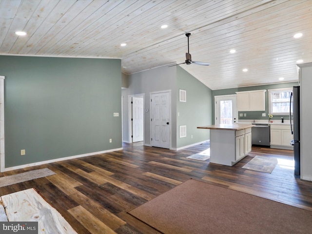598 Honey Locust Ln, Great Cacapon, WV 25422 - kitchen with appliances with stainless steel finishes, a kitchen island, lofted ceiling, wooden ceiling, and a ceiling fan