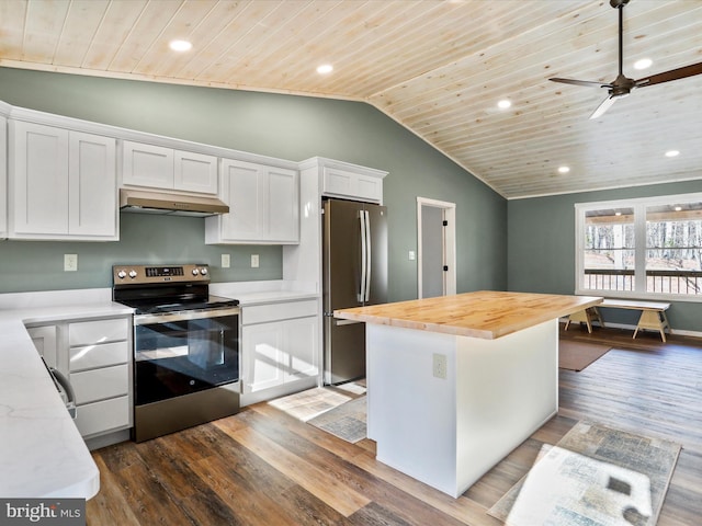 598 Honey Locust Ln, Great Cacapon, WV 25422 - kitchen with appliances with stainless steel finishes, under cabinet range hood, wood ceiling, butcher block counters, and lofted ceiling