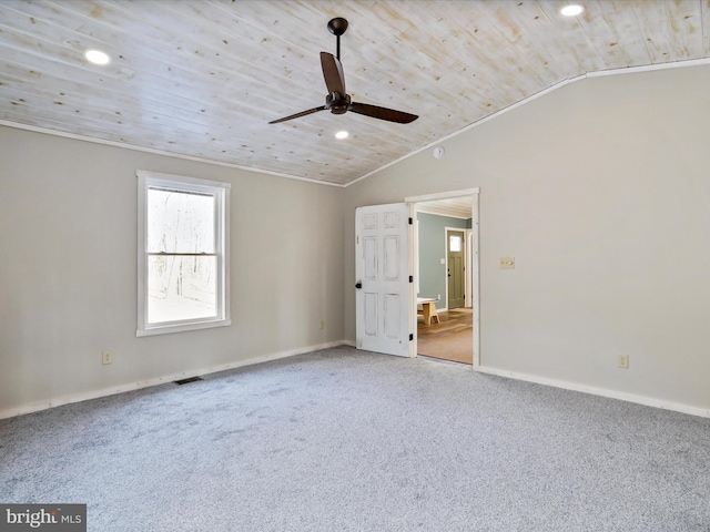 spare room with carpet flooring, ceiling fan, lofted ceiling, and wood ceiling