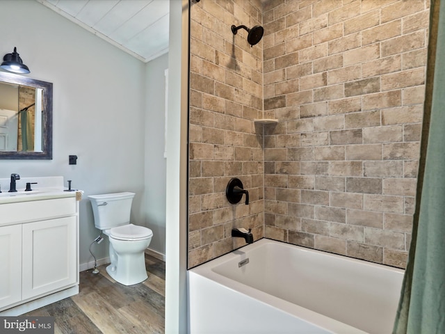 598 Honey Locust Ln, Great Cacapon, WV 25422 - full bathroom featuring vanity, bathing tub / shower combination, wood finished floors, toilet, and lofted ceiling