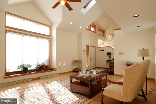 living room with a skylight, ceiling fan, high vaulted ceiling, and a baseboard radiator