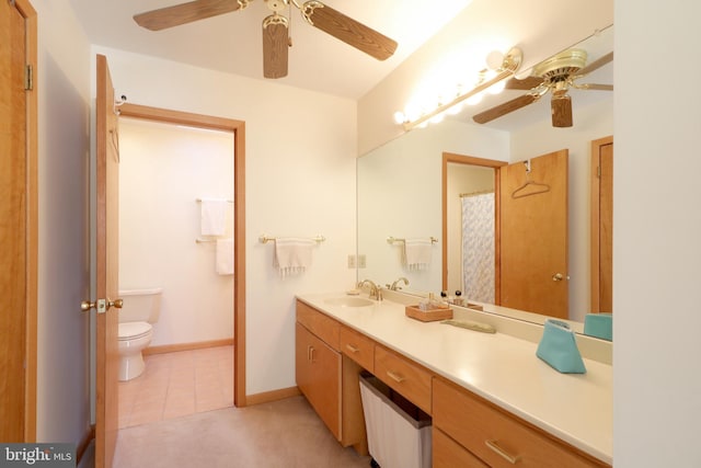 bathroom featuring tile patterned flooring, vanity, ceiling fan, and toilet