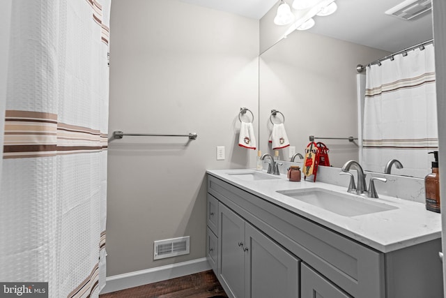 bathroom featuring hardwood / wood-style flooring and vanity