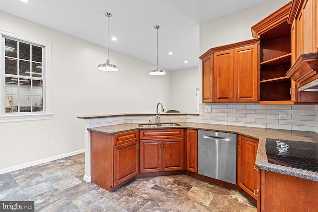 kitchen featuring sink, tasteful backsplash, stainless steel dishwasher, kitchen peninsula, and pendant lighting