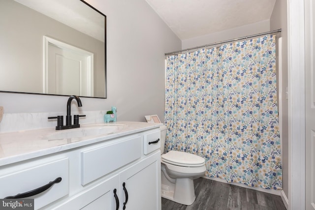 bathroom with toilet, a shower with shower curtain, vanity, and wood finished floors