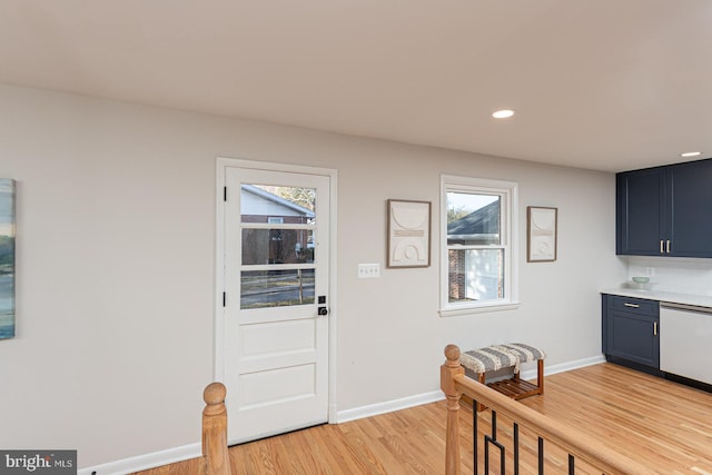 kitchen featuring light wood-type flooring, stainless steel dishwasher, and plenty of natural light