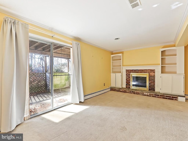 unfurnished living room featuring a brick fireplace, ornamental molding, and a baseboard radiator