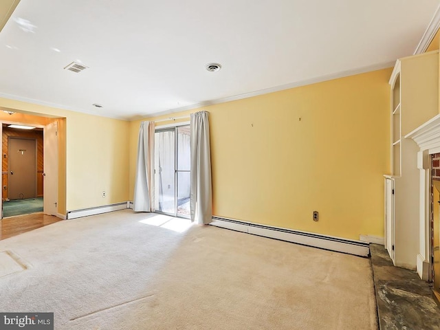 interior space with carpet flooring, a baseboard radiator, and ornamental molding