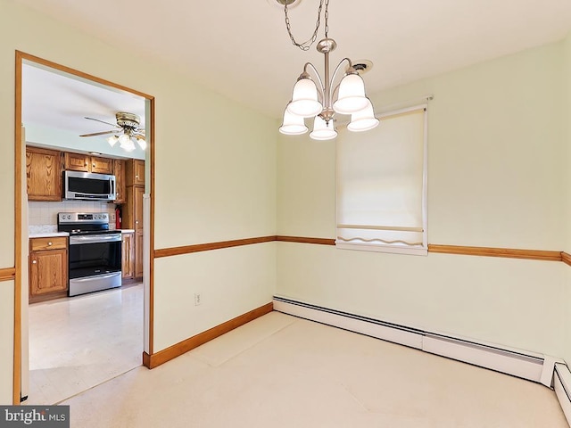 unfurnished dining area featuring a baseboard radiator and ceiling fan with notable chandelier