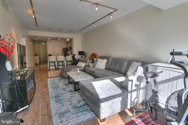 living room with hardwood / wood-style floors and track lighting