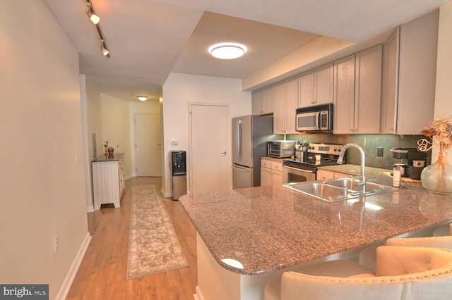 kitchen featuring kitchen peninsula, a kitchen bar, light wood-type flooring, and stainless steel appliances