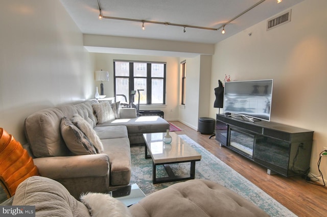 living room featuring light hardwood / wood-style floors and track lighting