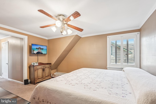 bedroom with ceiling fan, crown molding, and light carpet