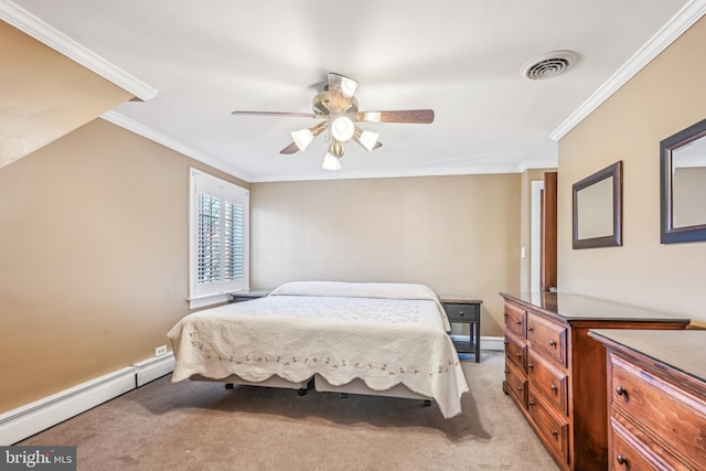 bedroom featuring ceiling fan, light colored carpet, a baseboard radiator, and ornamental molding