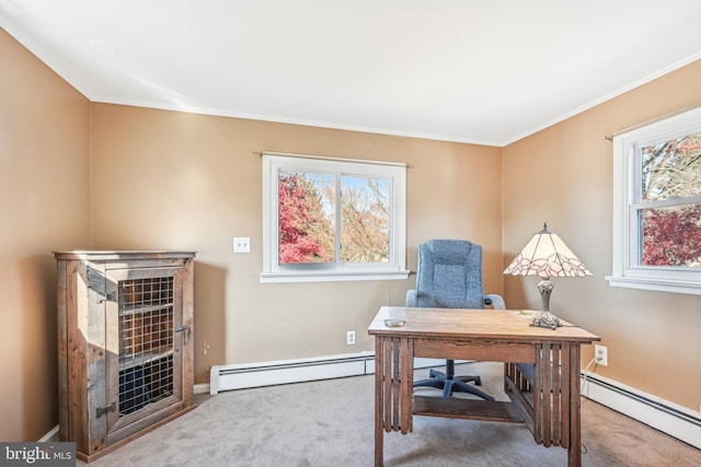 office area with carpet, ornamental molding, and a baseboard radiator