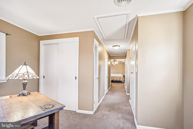 corridor with light carpet and crown molding