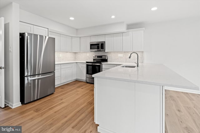 kitchen featuring white cabinetry, sink, kitchen peninsula, light hardwood / wood-style floors, and appliances with stainless steel finishes