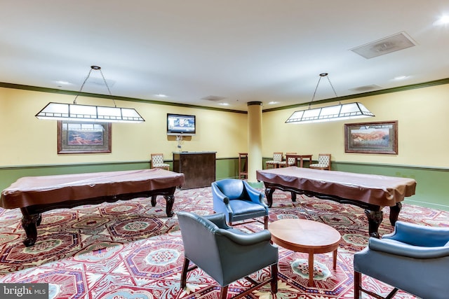 recreation room featuring crown molding and billiards