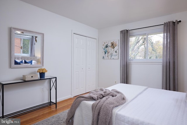 bedroom with hardwood / wood-style floors, a closet, and multiple windows