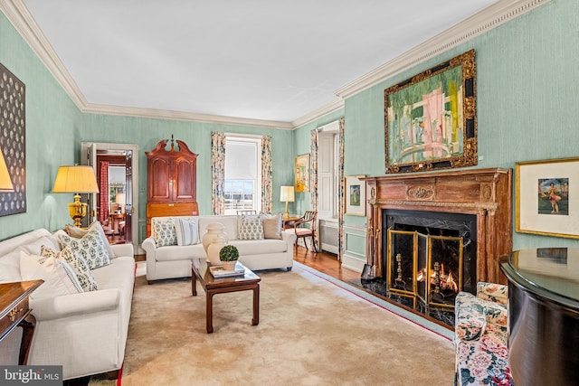 living room with ornamental molding