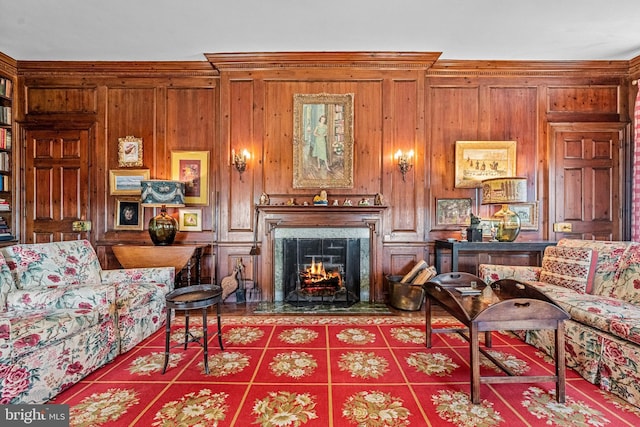 living room with wooden walls