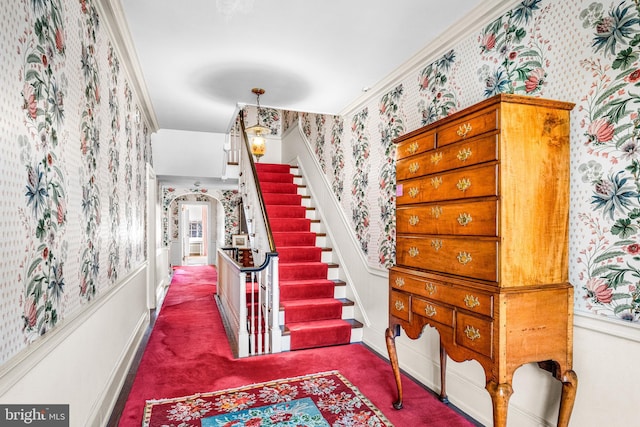 interior space featuring crown molding and dark carpet