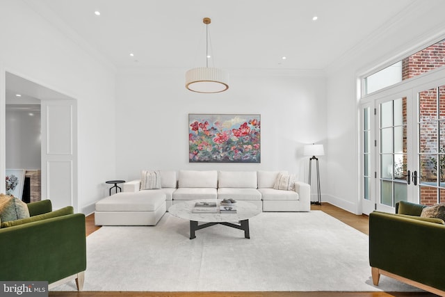 1524 33rd St NW, Washington, DC 20007 - living room featuring ornamental molding, wood finished floors, and recessed lighting