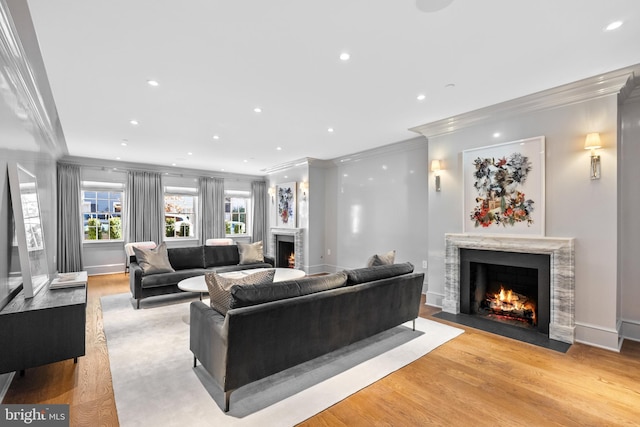 1524 33rd St NW, Washington, DC 20007 - living area with a fireplace, ornamental molding, light wood-style flooring, and recessed lighting