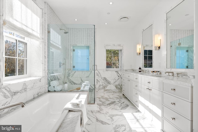 1524 33rd St NW, Washington, DC 20007 - full bath with a bath, vanity, a marble finish shower, marble finish flooring, and recessed lighting