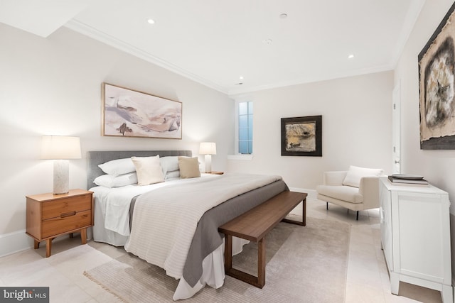 tiled bedroom featuring crown molding