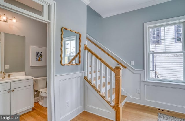 staircase with crown molding, sink, and wood-type flooring