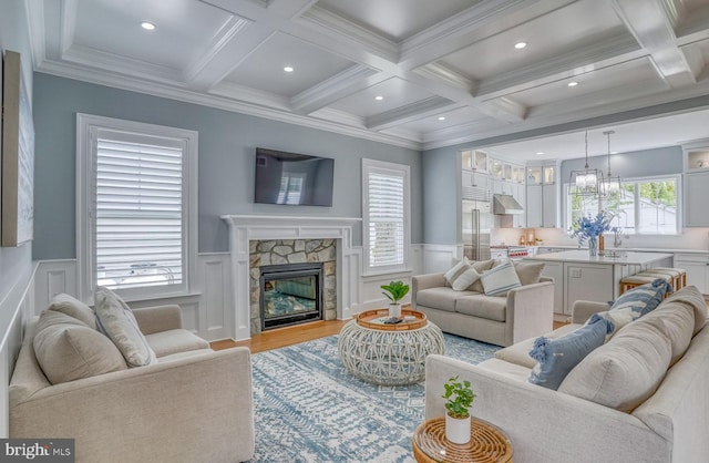 living room featuring a fireplace, plenty of natural light, and light hardwood / wood-style flooring