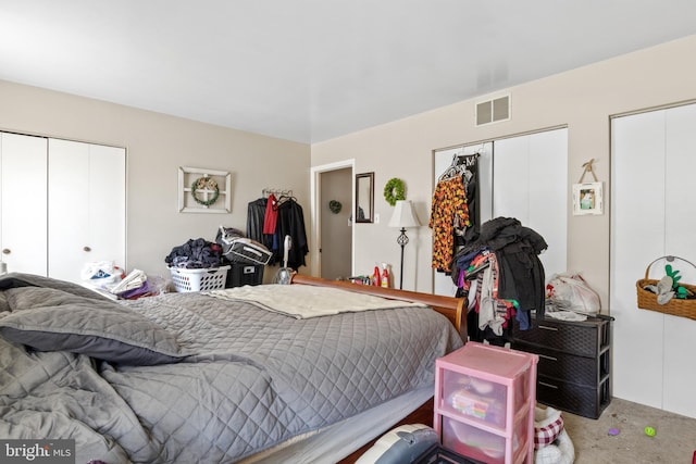 carpeted bedroom with two closets