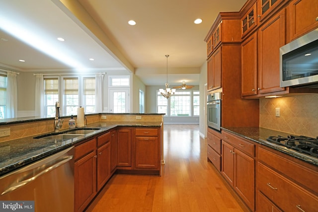 kitchen featuring a healthy amount of sunlight, stainless steel appliances, an inviting chandelier, and light hardwood / wood-style floors