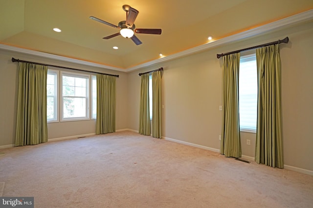 carpeted spare room with a raised ceiling and ceiling fan