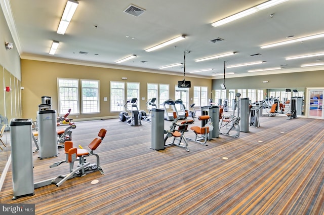 exercise room featuring dark colored carpet and crown molding