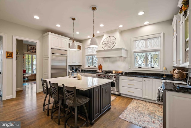 kitchen featuring pendant lighting, a center island, white cabinets, dark hardwood / wood-style floors, and premium appliances