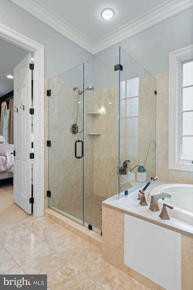 bathroom with ornamental molding and plus walk in shower